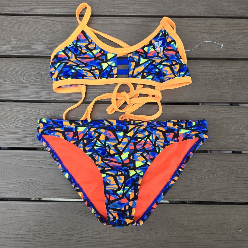 TYR Women Costa Mesa Crosscutfit Tie Orange/multi Workout Bikini Sz S New No Tag